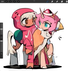  2024 :d animal_focus animalization aqua_eyes arrcticc_fish bright_pupils brown_capelet brown_eyes capelet chinese_commentary commentary_request cookie_run cookie_run:_kingdom dated double-parted_bangs drawstring eye_contact fur-trimmed_capelet fur_trim green_bag hair_between_eyes hat highres hood hood_up hoodie long_sleeves looking_at_another my_little_pony my_little_pony:_friendship_is_magic no_humans open_mouth pink_hair pink_hoodie pony_(animal) procreate_(software) screenshot shadow short_hair simple_background smile strawberry_cookie strawberry_crepe_cookie sweat twitter_username unicorn white_background white_hair white_tail 