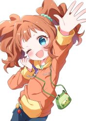  1girl ;d animal_bag arm_up blue_eyes blue_pants brown_hair buchi_(y0u0ri_) clenched_hand commentary_request green_bag hair_intakes hand_up highres hood hood_down hoodie idolmaster idolmaster_(classic) long_sleeves looking_at_viewer medium_hair one_eye_closed open_hand open_mouth orange_hoodie pants simple_background smile solo takatsuki_yayoi twintails white_background 