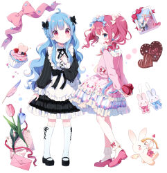  2girls absurdres ahoge apron black_bow black_bowtie black_dress black_shoes blue_bow blue_eyes blue_flower blue_hair blue_tulip blush bow bow_legwear bowtie box buchi_(y0u0ri_) candy chocolate closed_mouth commentary cupcake dress flower food frilled_apron frilled_dress frilled_skirt frilled_socks frills full_body hair_bow hand_on_own_chest heart heart-shaped_box heart-shaped_chocolate heart-shaped_food highres holding holding_box kneehighs long_hair long_sleeves looking_at_viewer love_letter mary_janes medium_hair multiple_girls original parted_lips picture_frame pink_hair pink_shirt pink_shoes pink_skirt polka_dot polka_dot_bow red_bow red_eyes red_flower red_tulip shirt shoes simple_background skirt socks standing stuffed_animal stuffed_rabbit stuffed_toy tulip twintails valentine white_apron white_background white_socks 