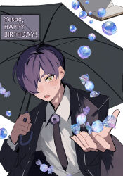  :o candy coat collared_shirt food happy_birthday highres holding holding_umbrella library_of_ruina long_sleeves looking_at_viewer male_focus nakame77 necktie open_mouth project_moon purple_brooch purple_coat purple_hair purple_necktie shirt short_hair simple_background solo standing umbrella upper_body white_background white_shirt yellow_eyes yesod_(project_moon) 