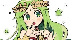  1girl ariuto circlet collarbone green_eyes green_hair kid_icarus kid_icarus_uprising miyabidotto open_mouth palutena simple_background solo star_(symbol) upper_body white_background 