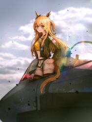  1girl absurdres advarcher aircraft airplane animal_ears bomber_jacket bow breasts closed_mouth clouds cockpit crop_top cropped_shirt ear_bow fighter_jet green_jacket hair_between_eyes highres horse_ears horse_girl horse_tail jacket long_hair long_sleeves looking_at_viewer mayano_top_gun_(umamusume) midriff military_vehicle navel open_clothes open_cockpit open_jacket orange_eyes orange_hair orange_tail shirt shorts sky smile solo standing tail thigh-highs two_side_up umamusume white_shorts yellow_shirt 