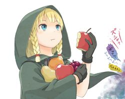  1girl :t apple blonde_hair blue_eyes braid cloak dragon&#039;s_crown eating elf elf_(dragon&#039;s_crown) food fruit grapes highres hood kanekomasaru orange pear pointy_ears portrait simple_background solo translation_request twin_braids white_background 