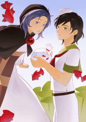  2girls absurdres bag bagged_fish belt black_belt black_hair black_hood blue_eyes blue_hair brooch collared_shirt dress fish gradient_background green_eyes hat highres jewelry kesa kumoi_ichirin lily_pad multiple_girls murasa_minamitsu neckerchief pants parted_lips red_brooch red_neckerchief shirt short_hair short_sleeves smile thursyue touhou white_dress white_hat white_pants white_shirt 