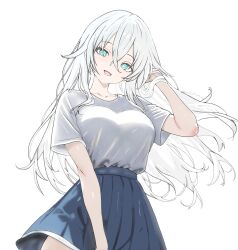 1girl absurdres aqua_eyes black_heart_(neptunia) blue_eyes blue_skirt breasts commentary english_commentary hair_flaps hand_in_own_hair hand_up highres long_hair looking_at_viewer medium_breasts miniskirt neptune_(series) open_mouth pleated_skirt shirt shirt_tucked_in short_sleeves simple_background single_horizontal_stripe skirt skirt_tug smile solo t-shirt upper_body very_long_hair white_background white_hair white_shirt yoshi_mcswagger 