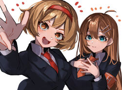  2girls :d armband blue_eyes brown_eyes brown_hair collared_shirt hair_ornament hairband hairclip highres hod_(project_moon) lobotomy_corporation long_hair long_sleeves looking_at_viewer malkuth_(project_moon) multiple_girls nakame77 necktie open_mouth orange_armband orange_necktie project_moon red_hairband red_necktie shirt short_hair simple_background smile standing upper_body white_background white_shirt 