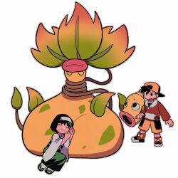 1boy 1girl backwards_hat black_eyes black_hair colored_skin erika_(pokemon) ethan_(pokemon) full_body green_hakama hairband hakama hat jacket japanese_clothes kimono looking_at_another lying mega_victreebel multicolored_hair multicolored_jacket okobo on_creature platform_sandals pokemon pokemon_(creature) pokemon_legends:_z-a red_jacket sandals shoes shorts simple_background sleeping sleeping_on_pokemon sneakers socks tabi thick_lips two-tone_hair two-tone_jacket two-tone_shorts tyako_089 victreebel weepinbell white_background white_hairband white_kimono white_socks yellow_hat yellow_shorts yellow_skin