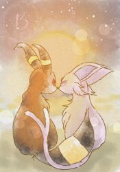  animal_focus baya_(sakura_mint) black_fur colored_sclera espeon forehead_jewel forked_tail full_body gem highres looking_at_another no_humans pokemon pokemon_(creature) pokemon_focus purple_fur purple_sclera red_eyes red_gemstone red_sclera tail umbreon violet_eyes 