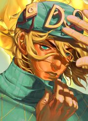  1boy 1other adjusting_clothes aqua_eyes aqua_helmet aqua_sweater argyle_clothes argyle_sweater blonde_hair brown_gloves colored_skin comic_cover_redraw derivative_work diego_brando gloves hair_between_eyes hand_up hashtag-only_commentary helmet highres jojo_no_kimyou_na_bouken lips looking_at_viewer male_focus medium_hair parted_lips portrait solo spoilers stand_(jojo) steel_ball_run sweater teashort1 the_world turtleneck turtleneck_sweater yellow_helmet yellow_skin 
