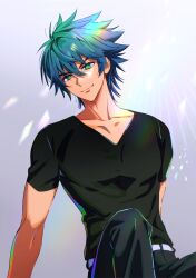  1boy absurdres belt bishounen black_pants black_shirt blue_hair closed_mouth green_eyes grey_background highres johan_andersen looking_at_viewer male_focus ojing_oppa_(o_b_s_00) pants shirt short_hair short_sleeves smile spiky_hair white_belt yu-gi-oh! yu-gi-oh!_gx 