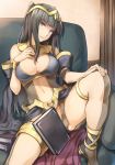  1girl bare_shoulders black_hair blue_eyes book breasts detached_sleeves fire_emblem long_hair looking_at_viewer navel shinon_(tokage_shuryou) sitting solo spread_legs tharja thighs 