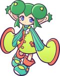  1girl blue_eyes double_bun green_hair horns official_art overalls payot pointy_ears puyopuyo puyopuyo_fever rider_(puyopuyo) shoes short_hair skirt sleeves_past_wrists solo takenami_hideyuki white_background 