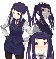  1girl asakiri_koko black_pantyhose blue_skirt blue_vest blush collared_shirt commentary_request cowboy_shot embarrassed frown highres jill_stingray long_hair long_sleeves looking_at_viewer multiple_views necktie outline pantyhose pencil_skirt purple_hair red_eyes red_necktie shirt sidelocks simple_background skirt swept_bangs twintails va-11_hall-a vest white_background white_outline white_shirt 