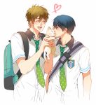  2boys ^_^ backpack bag blue_eyes blue_hair brown_hair cat closed_eyes free! heart heart_of_string multiple_boys nanase_haruka_(free!) necktie polka_dot se-lene smile tachibana_makoto 