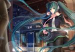  1girl absurdres black_legwear earmuffs green_eyes green_hair hatsune_miku highres long_hair pantyhose rayxray scarf skirt snowing solo train train_station twintails very_long_hair vocaloid winter_clothes 