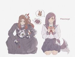  2girls aerith_gainsborough aerith_gainsborough_(midgard_seventh_high_school) black_choker black_gloves black_hair black_serafuku black_skirt blue_sailor_collar blue_skirt brown_hair choker delinquent dog earrings eating english_commentary final_fantasy final_fantasy_vii final_fantasy_vii_ever_crisis flower food gloves green_eyes grey_background hair_flower hair_ornament hairclip high_ponytail jewelry long_hair long_skirt long_sleeves looking_at_another low-tied_long_hair maninbangae miniskirt motion_lines multiple_girls neckerchief official_alternate_costume onigiri parted_bangs pleated_skirt ponytail rabbit red_eyes red_neckerchief sailor_collar school_uniform seiza serafuku simple_background single_earring sitting skirt sparkle speech_bubble straight-on sukeban swept_bangs thought_bubble tifa_lockhart tifa_lockhart_(midgard_seventh_high_school) twitter_username white_neckerchief white_serafuku 