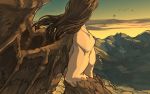  1boy brown_hair elona facing_away god long_hair male mountain muscle opatos_of_earth rock rueken shirtless solo wings 