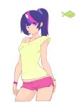  1girl bare_shoulders bracelet camisole contrapposto doxy fish horn jewelry long_hair multicolored_hair my_little_pony my_little_pony_friendship_is_magic personification pink_hair ponytail purple_hair scrunchie short_shorts shorts small_breasts smile solo twilight_sparkle violet_eyes 