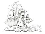  3girls :3 =_= animal_ears bloomers carrot closed_eyes combing dress flying_sweatdrops hair_brush hair_brushing hair_comb houraisan_kaguya inaba_tewi jewelry kneeling long_hair long_sleeves monochrome multiple_girls musical_note neckerchief necktie open_mouth pencil_crayon_(medium) pendant rabbit rabbit_ears reisen_udongein_inaba shirt short_hair short_sleeves sitting skirt smile tomoki touhou underwear very_long_hair wide_sleeves 