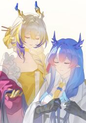  2girls absurdres arknights blonde_hair blue_hair braid chinese_commentary choker closed_eyes colored_extremities commentary_request dragon_girl dragon_horns hair_between_eyes hair_intakes hair_over_shoulder highres horns ling_(arknights) multicolored_hair multiple_girls official_alternate_costume open_mouth parted_lips pink_hair pointy_ears purple_hair san_jin_(xinjinjumin1962849) shu_(arknights) shu_(spring_feast)_(arknights) siblings simple_background sisters streaked_hair upper_body white_background white_hair yellow_choker 