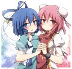  2girls blue_eyes blue_hair blush breast_press breasts bun_cover chain chinese_clothes creta_(taku10) cuffs double_bun dress flower hair_ornament hair_rings hair_stick hands_clasped ibaraki_kasen kaku_seiga multiple_girls open_mouth pink_eyes pink_hair red_eyes rose shawl short_hair smile symmetrical_docking tabard touhou vest 