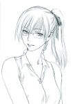  1girl bust glasses looking_at_viewer mitarashi_kousei monochrome ponytail simple_background smile solo white_background 