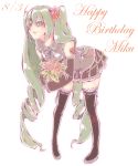  1girl boots bouquet character_name dated detached_sleeves flower green_eyes green_hair hair_flower hair_ornament happy_birthday hatsune_miku highres leaning_forward long_hair pigeon-toed skirt solo tattoo thigh_boots thighhighs twintails very_long_hair vocaloid white_background 