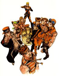 1girl 6+boys animal_print araki_hirohiko battle_tendency belt birthmark black_coat black_gloves black_hair black_pants black_shoes blonde_hair breasts brooch butterfly_print chain coat collarbone crop_top cropped_torso diamond_wa_kudakenai dixie_cup_hat double_bun family father_and_daughter father_and_son fingerless_gloves fur-trimmed_gloves fur_trim gakuran giorno_giovanna gloves goggles goggles_on_headwear grandfather_and_grandson green_hair grey_headband grey_hood grey_shirt grey_shoes hair_bun hat headband headband_around_neck heart heart_brooch heart_ornament higashikata_josuke higashikata_josuke_(jojolion) high_collar highres hood hood_down hoodie horseshoe_hat_ornament horseshoe_ornament jewelry joestar_birthmark johnny_joestar jojo_no_kimyou_na_bouken jojo_pose jojolion jonathan_joestar joseph_joestar joseph_joestar_(young) kujo_jolyne kujo_jotaro ladybug_ornament long_coat makeup medium_breasts military_hat multicolored_hair multiple_belts multiple_boys official_alternate_costume official_art open_clothes open_coat orange_hair orange_hat orange_headband orange_hoodie orange_lips orange_pants orange_sailor_collar orange_theme pants peace_symbol peaked_cap phantom_blood pointing pointing_at_viewer pompadour sailor sailor_collar sailor_hat scan school_uniform shirt shoes short_sleeves sitting sleeveless sleeveless_shirt spider_web_print standing star_(symbol) star_print stardust_crusaders steel_ball_run stone_mask_(jojo) stone_ocean striped_clothes striped_shirt traditional_media triangle_print two-tone_hair two-tone_headband uncle_and_nephew vento_aureo wariza 