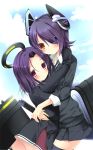  2girls aono_ribbon black_legwear blush cardigan clouds eyepatch headgear hug kantai_collection mecha_musume multiple_girls necktie personification purple_hair short_hair skirt smile tatsuta_(kantai_collection) tenryuu_(kantai_collection) thighhighs violet_eyes yellow_eyes 