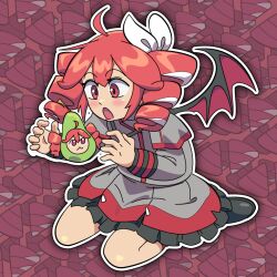 ahoge bow buttons demon_wings double-breasted drill_hair food fruit grey_jacket grey_skirt hair_between_eyes hair_bow hair_ribbon jacket kasane_teto kasane_teto_(sv) kasane_teto_(utau) light_blush long_sleeves looking_at_another maestro_celeste open_mouth pear pearto red_eyes red_hair ribbon shoulder_belt sitting skirt solo synthesizer_v twin_drills twintails utau wariza white_bow white_ribbon wings