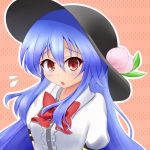  1girl :o blouse blue_hair bow bust flying_sweatdrops food fruit hat hinanawi_tenshi leaf long_hair looking_at_viewer peach pink_background polka_dot polka_dot_background short_sleeves solo striped striped_background sweatdrop touhou ymd_(holudoun) 