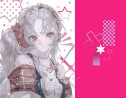  1girl bare_shoulders grey_hair hair_ornament hairband heart heilanshuimuchu highres jewelry long_hair looking_at_viewer necklace off_shoulder original parted_bangs pearl_necklace ponytail red_eyes side_ponytail solo star_(symbol) upper_body very_long_hair 