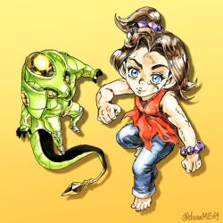  1girl araki_hirohiko_(style) barefoot blue_eyes brown_hair crossover diamond_wa_kudakenai donkey_kong_(series) donkey_kong_bananza dusa echoes_(stand) echoes_act2 highres jojo_no_kimyou_na_bouken looking_at_viewer pauline_(mario) pauline_(young)_(mario) shirt sleeveless sleeveless_shirt stand_(jojo) twitter_username yellow_background 