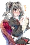  /\/\/\ 1girl :o belt blush chain chair drill_hair garter_straps hair_ribbon idolmaster idolmaster_cinderella_girls kanzaki_ranko long_hair long_sleeves looking_at_viewer piromizu red_eyes ribbon silver_hair sitting sketchbook skirt solo twin_drills twintails 