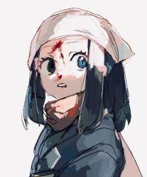  1girl 2enn3n akari_(pokemon) black_hair blood blood_on_face blue_eyes commentary_request eyelashes headscarf highres jacket long_hair looking_to_the_side pokemon pokemon_legends:_arceus red_scarf scarf sidelocks simple_background solo teeth upper_body white_background 