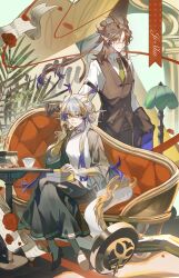  1boy 1girl :d absurdres alternate_costume antique_phone aqua_eyes arknights black_skirt blonde_hair blue_hair bracelet brown_hair brown_vest buttons character_name chinese_commentary closed_mouth collared_shirt commentary_request couch dragon_girl dragon_horns dragon_tail flower gloves green_necktie grin hair_between_eyes highres holding holding_phone horns jewelry ji_(arknights) lamp light_smile long_hair looking_at_viewer mole mole_under_eye multicolored_hair necktie on_couch pearl_bracelet phone plant pointy_ears red_flower red_ribbon red_rose ribbon rose saucer semi-rimless_eyewear shirt shu_(arknights) sitting skirt smile standing streaked_hair table tail tongxi65938_(mo_zuoren) under-rim_eyewear vest waistcoat white_gloves white_hair white_shirt yellow_eyes 