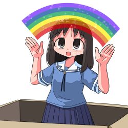  1girl :d absurdres azumanga_daioh azumanga_daioh's_school_uniform black_eyes black_hair blue_serafuku blue_shirt blue_skirt blush box cardboard_box commentary_request cowboy_shot hands_up highres in_box in_container kasuga_ayumu kasuya_baian medium_hair meme open_mouth parody partial_commentary pleated_skirt rainbow sailor_collar school_uniform serafuku shirt short_sleeves skirt smile solo spongebob_squarepants_(series) standing star_(symbol) white_background white_sailor_collar 