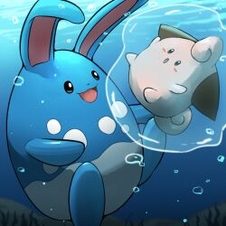  :o absurdres air_bubble azumarill blush blush_stickers bubble cleffa commentary_request highres in_bubble no_humans open_mouth pokemon pokemon_(creature) pokemon_focus seaweed smile spicyichizo underwater 