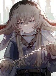  1girl absurdres arknights brown_gloves brown_hair chain closed_mouth commentary crossed_bangs gloves grey_eyes hair_between_eyes hair_ornament highres holding holding_chain light_particles long_hair long_sleeves looking_at_viewer nacoty pallas_(arknights) smile solo split_mouth upper_body x_hair_ornament 