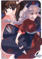 2girls absurdres arrow_(projectile) blue_dress blue_hat border bow bow_(weapon) braid braided_ponytail brown_eyes brown_hair cindy717 commentary_request constellation_print covered_mouth cross dress frilled_dress frills grey_eyes grey_hair hair_bow hair_intakes hat highres holding holding_arrow holding_bow_(weapon) holding_weapon houraisan_kaguya jitome light_blush light_frown long_hair multiple_girls nurse_cap pink_sleeves red_cross red_dress sash touhou two-tone_dress weapon white_border white_bow white_sash yagokoro_eirin 