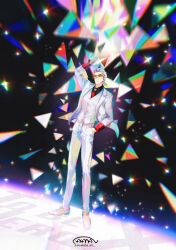  1boy hair_slicked_back hand_in_pocket highres male_focus mullet rainbow_outline sakana_(caviarfish) smug snapping_fingers solo suit tinted_eyewear to_be_hero to_be_hero_x vest white_suit white_vest x_(to_be_hero_x) x_ornament yellow-tinted_eyewear 