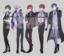  5boys ;) adjusting_clothes ahoge antenna_hair belt belt_buckle black_belt black_coat black_gloves black_jacket black_necktie black_pants black_suit blue_eyes blue_shirt bracelet braid brown_hair buckle buttons cane chest_harness closed_mouth coat coe._(starlight_polaris) collared_shirt cross-laced_shoes crossed_bangs crystal_earrings cut_bangs double-breasted dress_shoes earrings expressionless flower food formal_clothes full_body gloves green_hair green_necktie grey_background grey_hair grey_shirt grey_socks grey_vest hair_between_eyes hair_flower hair_ornament half_up_braid hand_in_pocket hand_on_own_hip harness highres holding holding_cane holding_food holding_gloves holding_jacket holding_unworn_clothes jacket jacket_over_shoulder jewelry key keyring kisaragi_you_(starlight_polaris) kottaro_(starlight_polaris) kuni_(starlight_polaris) lapel_pin lapels lineup long_sleeves looking_at_viewer luka_ooooo male_focus multicolored_hair multiple_boys necktie notched_lapels official_art one_eye_closed open_clothes open_coat open_collar open_jacket orange_necktie oxfords pants parted_bangs parted_lips patterned_clothing peanut pink_hair pinstripe_jacket pinstripe_pants pinstripe_pattern pinstripe_suit purple_hair purple_jacket purple_pants purple_suit pursed_lips red_hair red_socks red_vest relu_(starlight_polaris) sample_watermark shirt shoes short_hair side_part sideways_glance simple_background single_glove sleeve_garter sleeves_rolled_up smile socks standing starlight_polaris streaked_hair stud_earrings suit suit_jacket sweater_guard swept_bangs two-sided_coat two-sided_fabric two-sided_jacket unworn_gloves unworn_jacket vest violet_eyes wallet_chain watermark white_gloves white_shirt yellow_eyes 