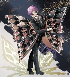  1boy ascot black_ascot black_background black_coat black_pants black_shoes black_vest butterfly_wings closed_mouth coat collared_shirt e.g.o_(project_moon) full_body gloves highres insect_wings library_of_ruina long_sleeves looking_at_viewer male_focus nakame77 pants project_moon purple_brooch purple_hair shirt shoes short_hair simple_background solemn_lament_(e.g.o) solo sparkle standing vest white_gloves white_shirt wings yellow_eyes yesod_(project_moon) 
