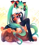  1girl boots bow bowtie detached_sleeves green_eyes green_hair hair_bow hatsune_miku high_heels highres long_hair nail_polish q-chiang sitting skirt smile solo stuffed_animal stuffed_toy teddy_bear thigh_boots thighhighs twintails very_long_hair vocaloid 
