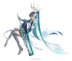  1girl aqua_eyes aqua_gloves aqua_veil armor armored_boots backless_dress backless_outfit boots breasts ceaser chinese_commentary closed_mouth couter double-parted_bangs dress elbow_gloves from_side frown full_body gauntlets gloves greatsword grey_hair hair_bun halo halo_crown head_chain higan:_eruthyll high_heel_boots high_heels holding holding_sword holding_weapon invisible_chair jewelry knees_together_feet_apart looking_down medium_breasts medium_dress minty0 official_art shoulder_armor sidelocks simple_background single_hair_bun sitting spiked_halo sword thigh_boots veil watermark weapon weibo_watermark white_background white_dress white_halo 