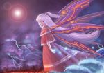  1girl aka_(rosedream) city cloudy_sky colored_eyelashes dress hair_bobbles hair_ornament lace lavender_hair lens_flare light_smile lightning long_hair red_eyes shinki side_ponytail solo touhou touhou_(pc-98) very_long_hair water 