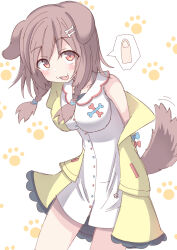  1girl :d animal_ears arms_behind_back bare_shoulders blue_bow blush bone_hair_ornament bow braid breasts brown_hair cartoon_bone collarbone commentary_request dog_ears dog_girl dog_tail dress fang hair_ornament hair_over_shoulder highres hololive inugami_korone inugami_korone_(1st_costume) jacket looking_at_viewer medium_breasts motion_lines off_shoulder open_clothes open_jacket red_bow red_eyes simple_background sleeveless sleeveless_dress smile solo tail twin_braids umberblack white_background white_dress yellow_jacket yubi_yubi_(inugami_korone) 