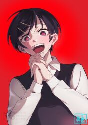  1girl :d artist_logo black_hair black_sweater_vest blush collared_shirt commentary crazy_eyes crazy_smile dress_shirt drooling futsuu_no_keion-bu hair_ornament hairpin highres interlocked_fingers kouyama_rin logo long_sleeves looking_at_viewer masakana_ena multicolored_eyes open_mouth own_hands_clasped own_hands_together parted_bangs pixie_cut red_background red_eyes school_uniform shirt short_hair simple_background smile solo sweater_vest teeth two-tone_eyes upper_body violet_eyes watermark white_shirt wing_collar 