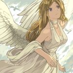  1girl angel_wings bird blonde_hair blue_eyes dress ehekatl_of_luck elona goddess rueken sash solo wings 