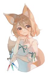  1girl absurdres animal_ears artist_name blonde_hair cindy717 commentary_request finger_to_face fox_ears fox_girl fox_tail green_ribbon highres holding holding_test_tube kudamaki_tsukasa light_blush lips looking_to_the_side medium_hair pursed_lips ribbon shirt short_sleeves simple_background solo tail test_tube touhou upper_body white_background white_shirt yellow_eyes 